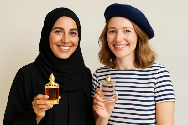 Mulher árabe e mulher francesa, sorridentes, com roupas típicas, cada uma segurando perfume de seu país, em cenário iluminado Comparativo entre Perfume Árabe e Francês