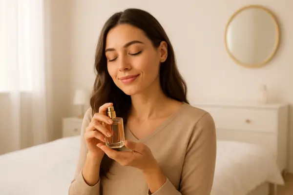 Mulher jovem e elegante em quarto iluminado segura frasco de perfume dourado com expressão de encanto, simbolizando sofisticação e o conceito de melhor perfume feminino em 2025.