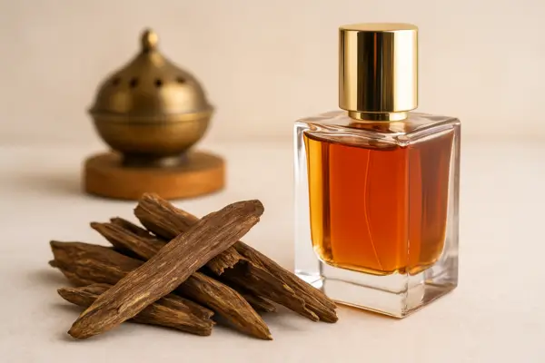 Madeira de oud natural e frascos de perfume luxuosos, representando a transformação da matéria-prima em fragrâncias raras e sofisticadas