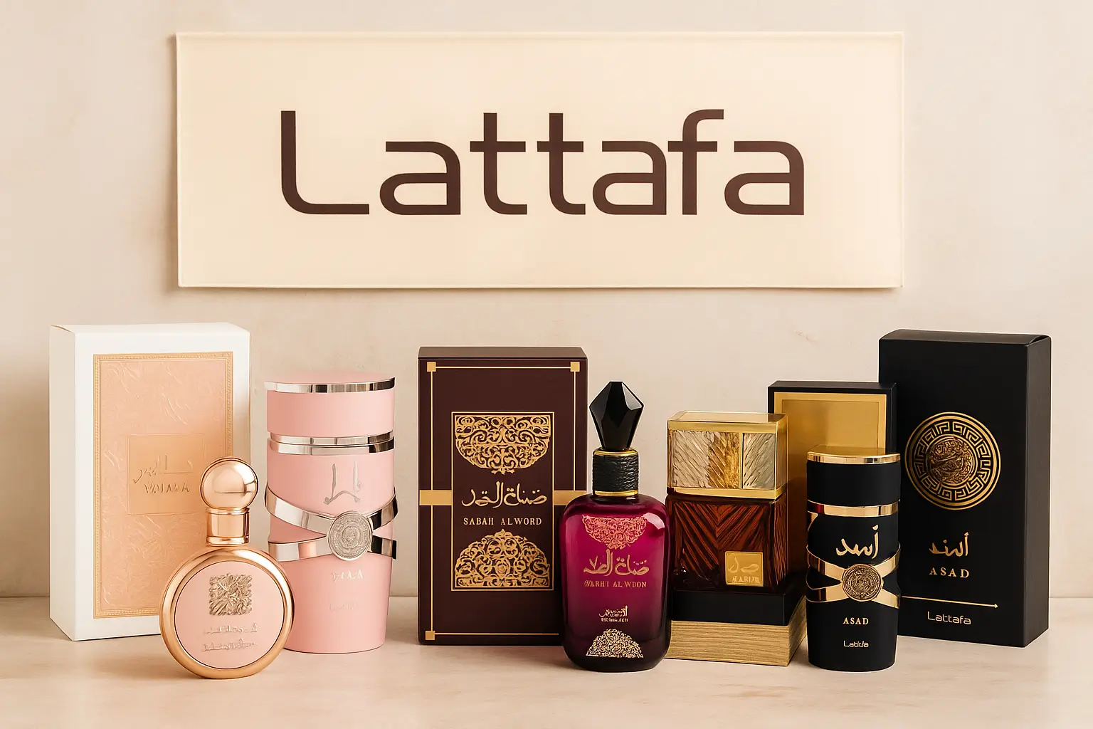 perfume árabe Lattafa – Fakhar, Yara, Asad, Sabah e Khamrah – os cinco expostos em cenário elegante com banner da marca