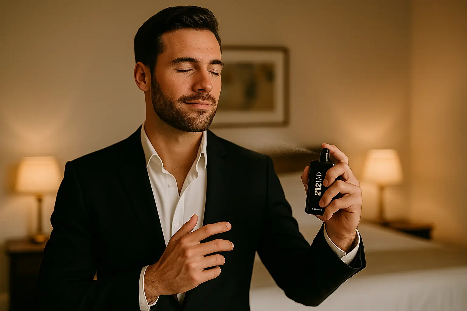 Homem elegante borrifando o perfume 212 VIP Men em um quarto sofisticado antes de sair para a balada.
