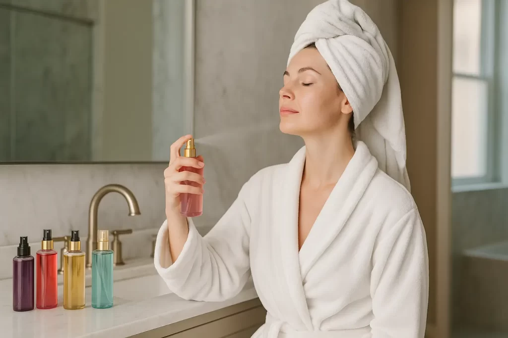 Mulher com toalha na cabeça e robe aplicando body splash no corpo em banheiro elegante.