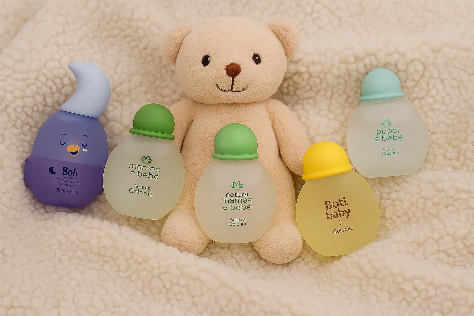 Perfumes para bebê Natura e Boticário ao lado de um ursinho de pelúcia.