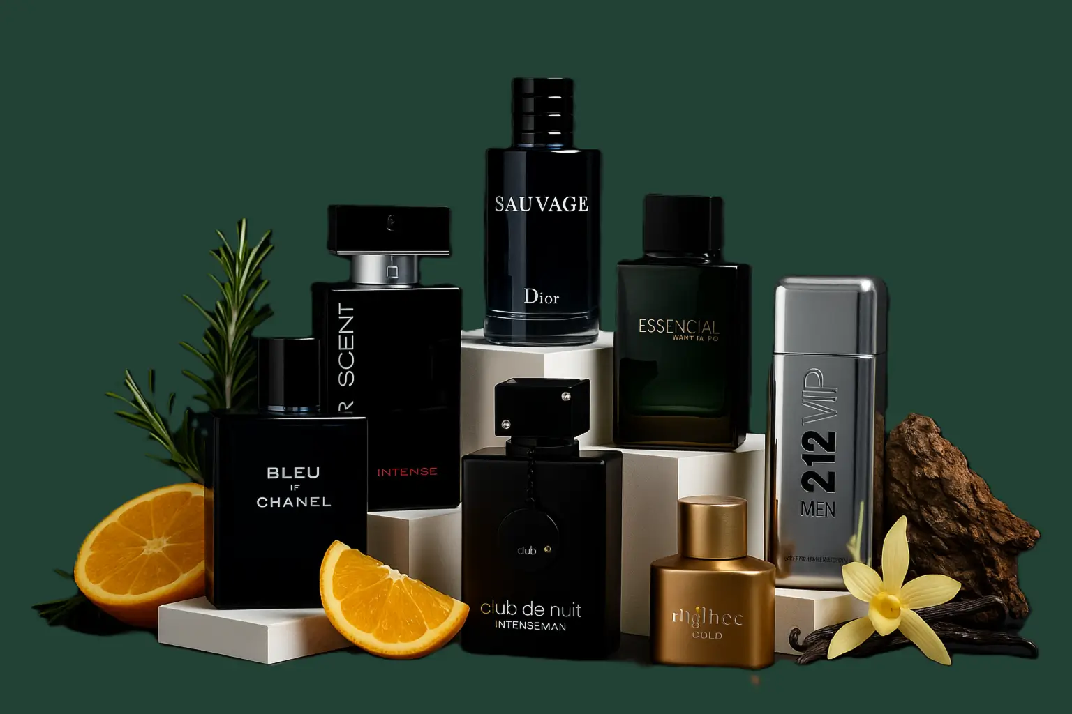 Sete frascos dos melhores perfumes masculinos em pódio iluminado com ingredientes naturais ao fundo.