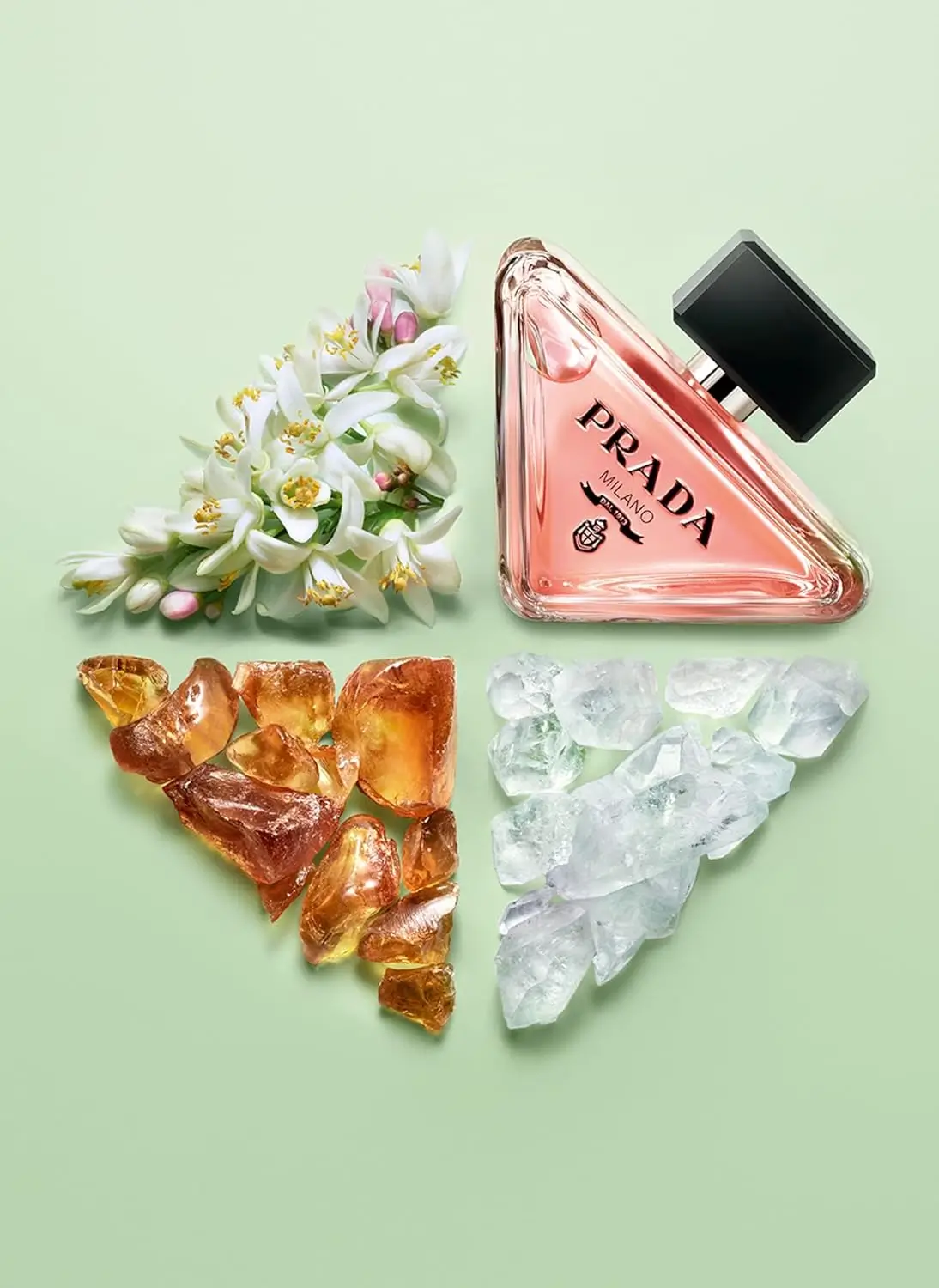 Frasco do perfume Prada Paradoxe rodeado por flores brancas, cristais e resinas âmbar sobre fundo verde-claro.