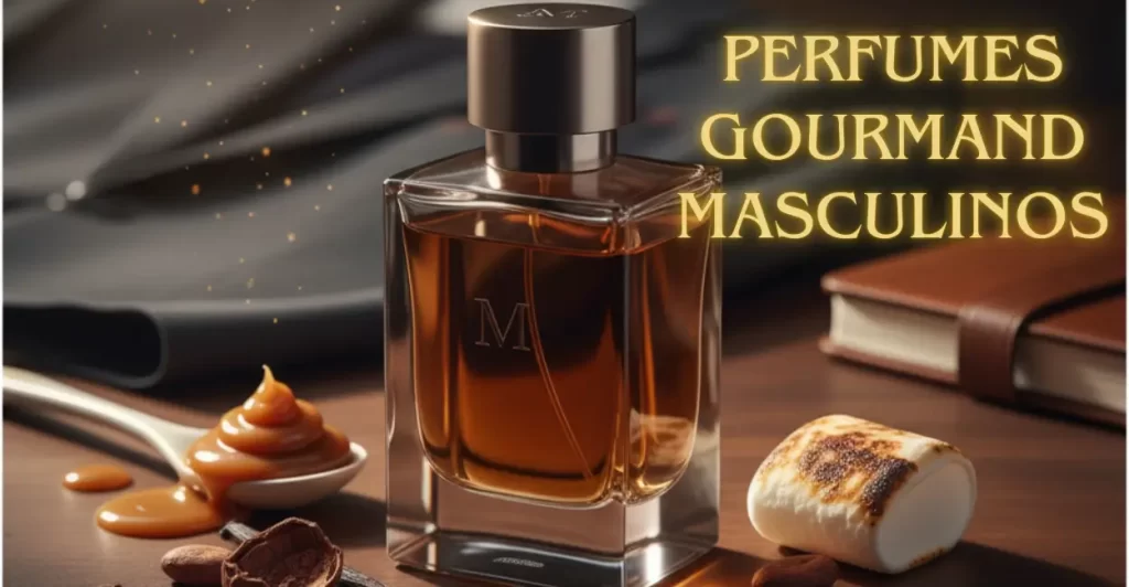 Perfume gourmand masculino em frasco âmbar com tampa metálica, rodeado por caramelo, marshmallow tostado, cacau e chocolate, transmitindo luxo e sofisticação