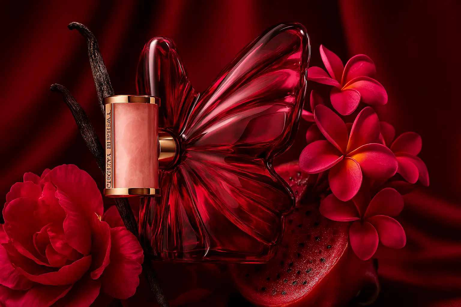 Frasco em formato de asa de borboleta do perfume La Bomba de Carolina Herrera, rodeado por flores vibrantes e frutas exóticas sobre fundo vermelho acetinado.