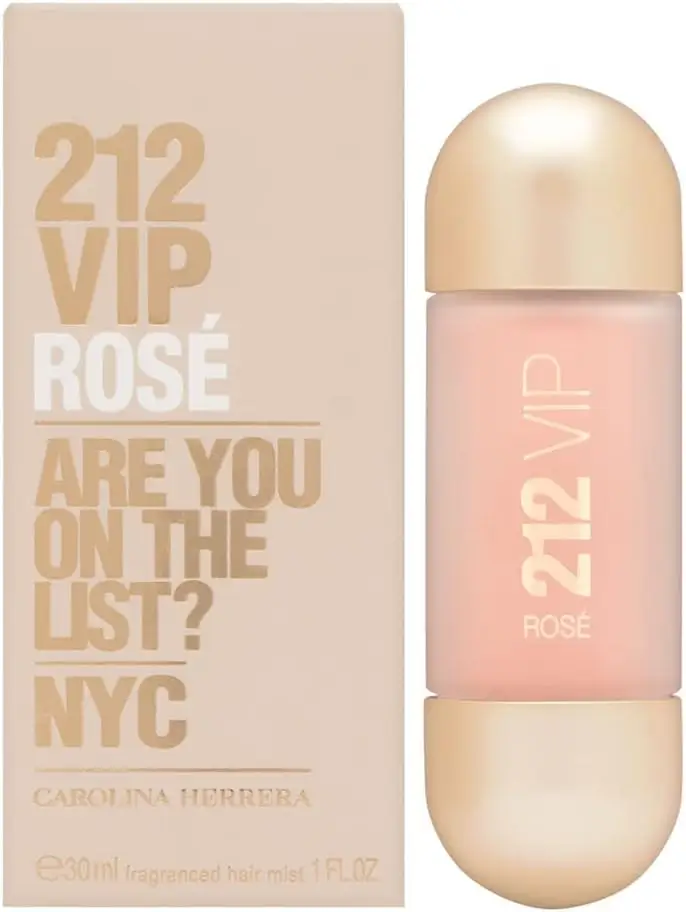 Perfume para cabelo 212 VIP Rosé Carolina Herrera com frasco elegante e caixa sofisticada em tom dourado.
