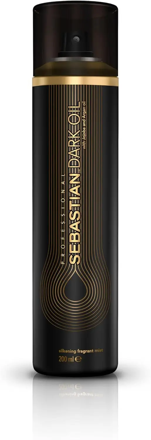 Perfume para cabelo Sebastian Professional Dark Oil em frasco preto elegante com detalhes dourados.