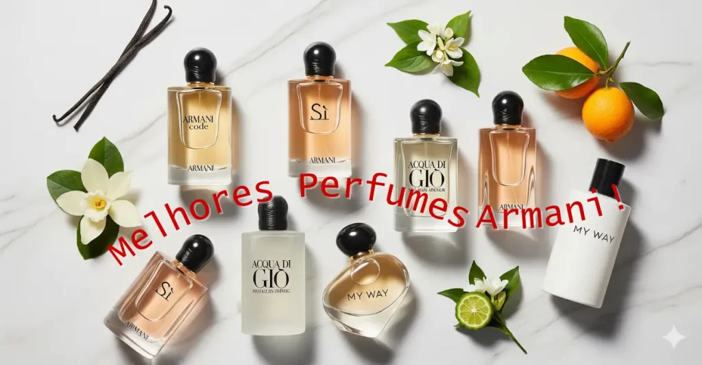 Coleção de perfumes Armani sobre superfície clara, com elementos naturais como frutas, flores e folhas, destacando fragrâncias icônicas da marca.