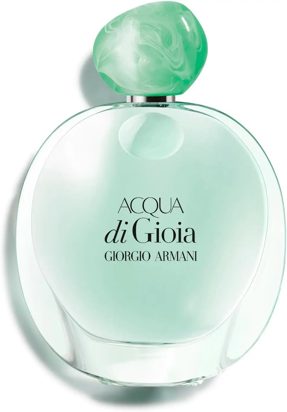 Frasco arredondado do perfume Acqua di Gioia da Giorgio Armani com tom verde translúcido e tampa esmeralda, refletindo frescor e feminilidade natural.