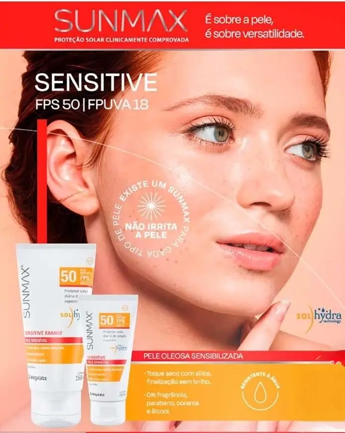 Protetor solar Sunmax Sensitive FPS 50 para pele sensível e equilibrada.