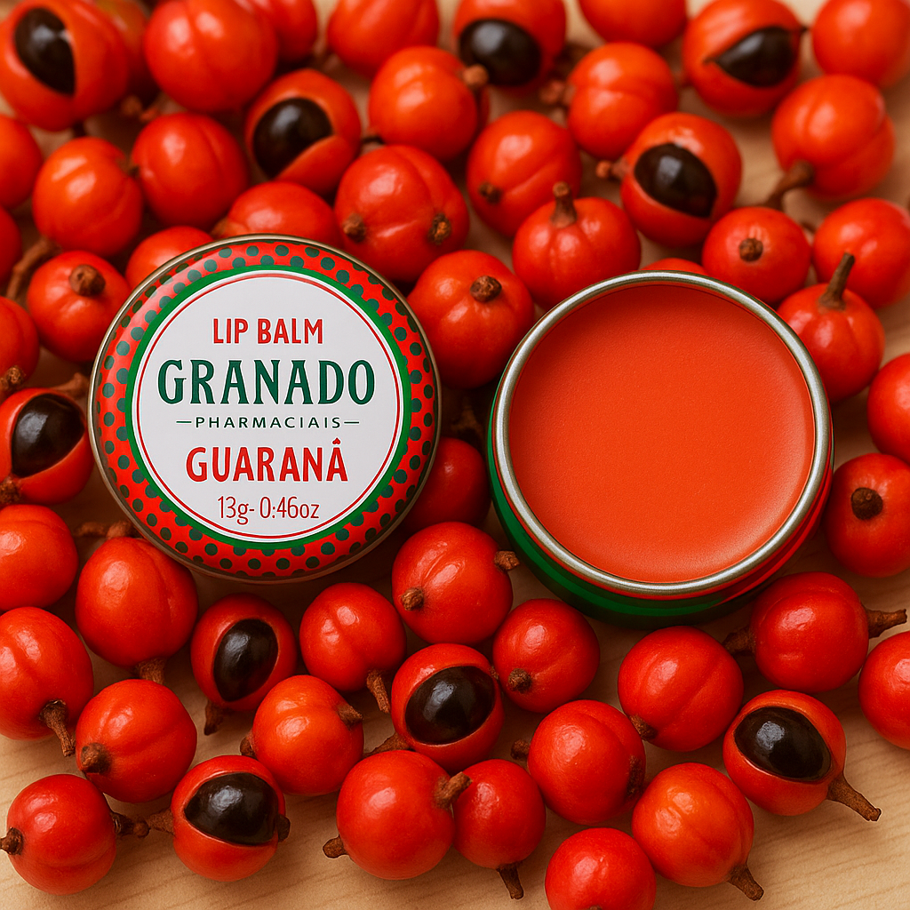 Balm labial Granado sabor guaraná cercado por frutos de guaraná.