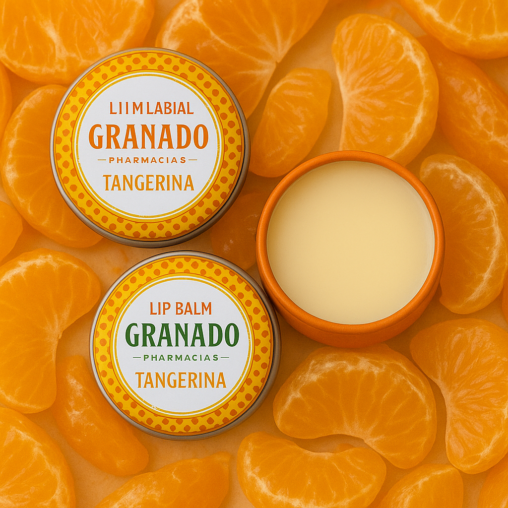 Balm labial Granado de tangerina com gomos e frutas inteiras.