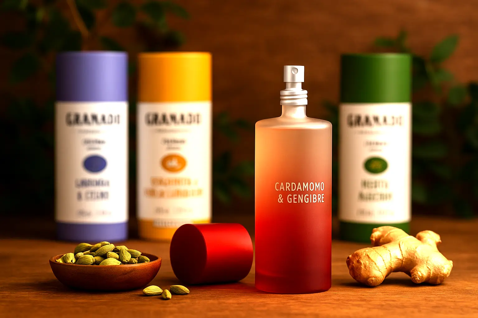 Colônia Granado Cardamomo & Gengibre em destaque com outras fragrâncias ao fundo