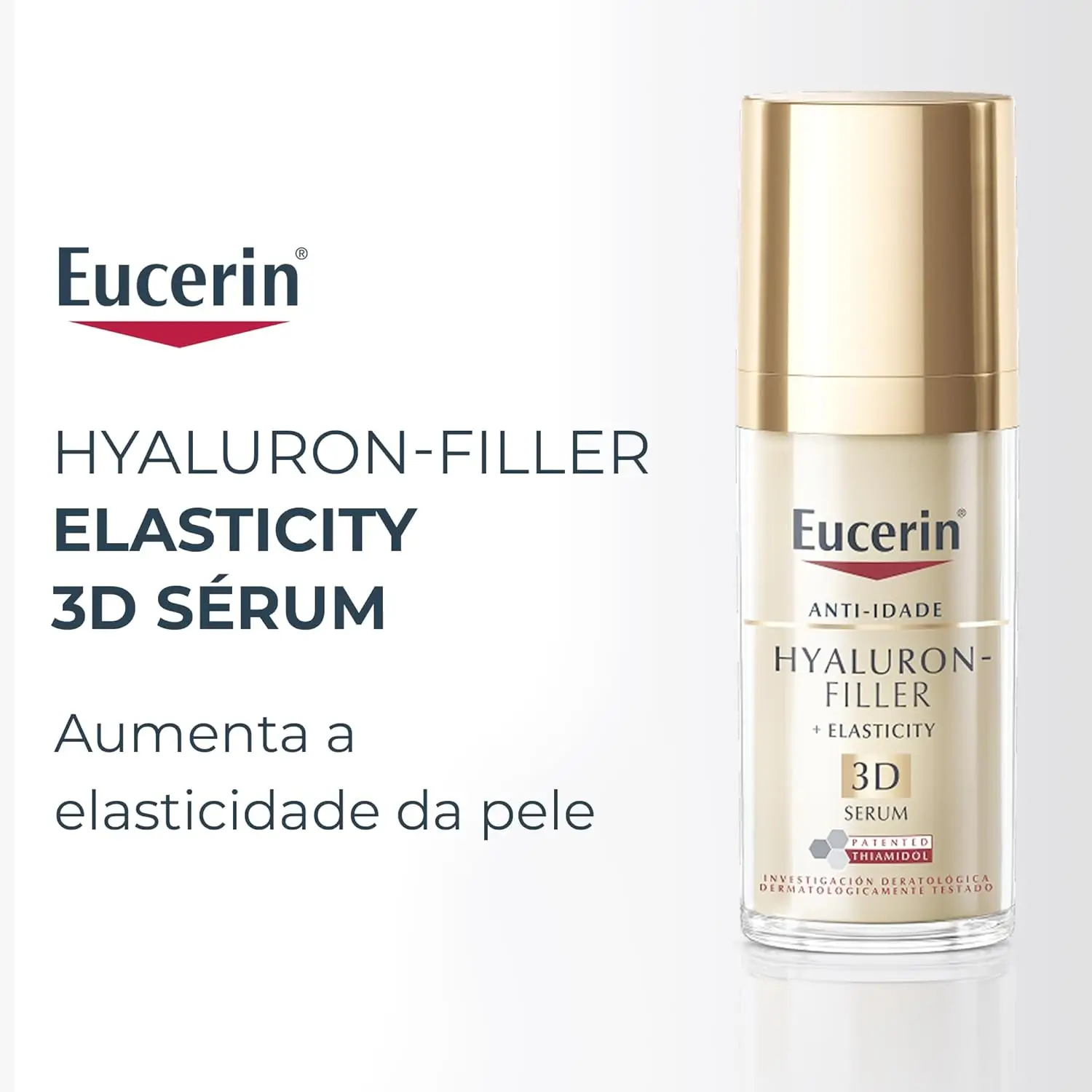 Frasco dourado do Eucerin 3D Sérum Facial Anti-Idade sobre bancada com reflexo de luz suave.