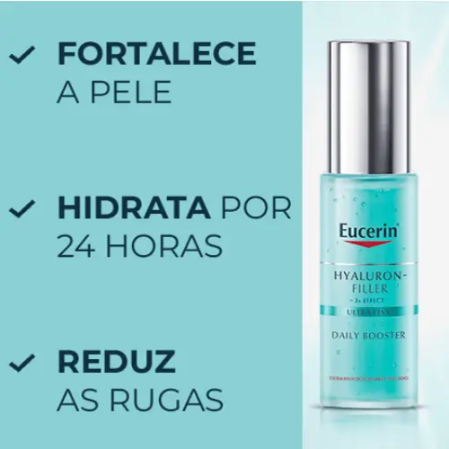 Eucerin Sérum Facial Daily Booster UltraLeve sobre bancada com flores e espelho, frasco transparente com tampa prata.