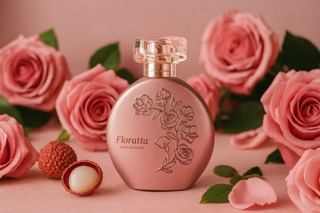 Frasco do perfume Floratta O Boticário Rose Bouquet cercado por rosas e lichias frescas sobre fundo rosa.