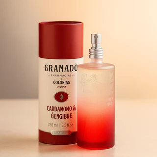 Frasco e embalagem da colônia Granado Terrapeutics Cardamomo & Gengibre, com design vermelho e branco, sobre superfície iluminada.