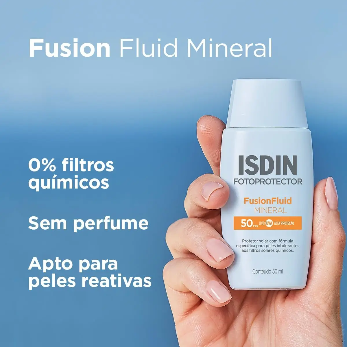 ISDIN Fusion Fluid Mineral FPS 50 — protetor solar facial com filtro físico para peles sensíveis.