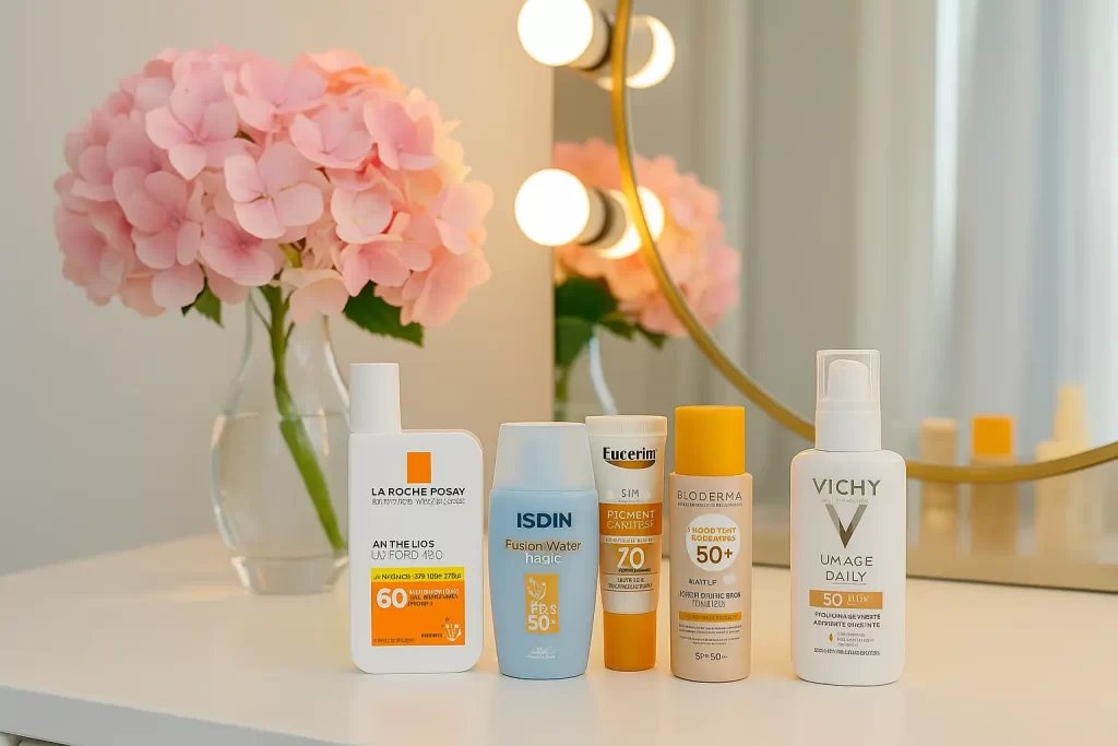 Melhores protetores solares para o rosto em 2025 sobre uma penteadeira iluminada com espelho e um vaso de hortências rosas.