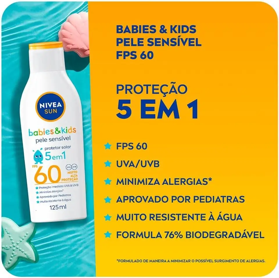 Protetor solar infantil NIVEA SUN Kids & Babies Pele Sensível FPS 60 em embalagem azul e branca, indicado para peles delicadas de crianças e bebês.