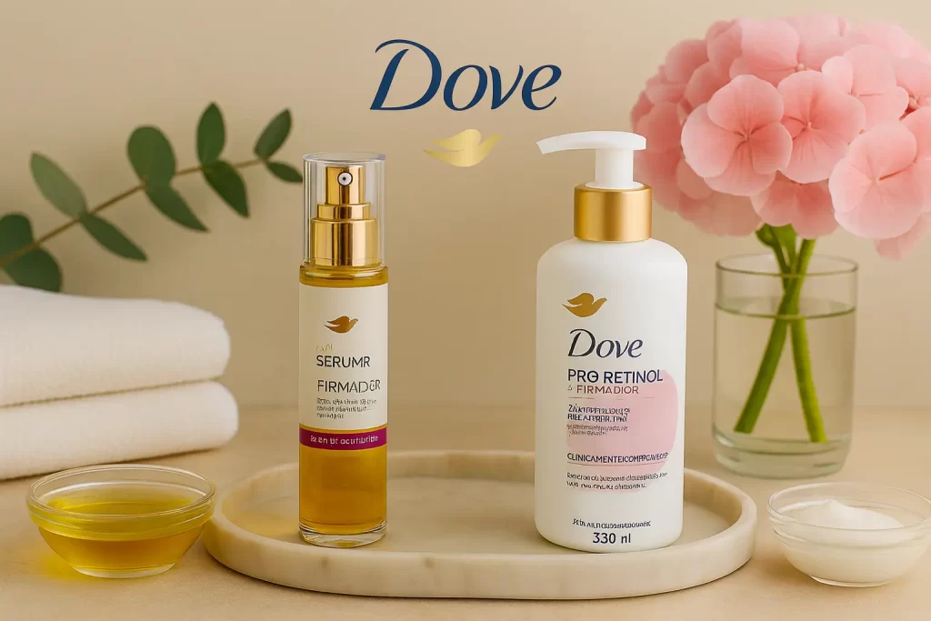 Sérum corporal Dove Pró-Retinol e Óleo Sérum Firmador sobre bandeja de mármore, com vaso de hortênsias rosa ao fundo.