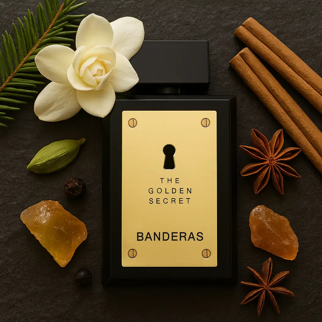 Frasco do perfume masculino Antonio Banderas The Golden Secret cercado por especiarias quentes, simbolizando o aroma oriental e sensual da fragrância.