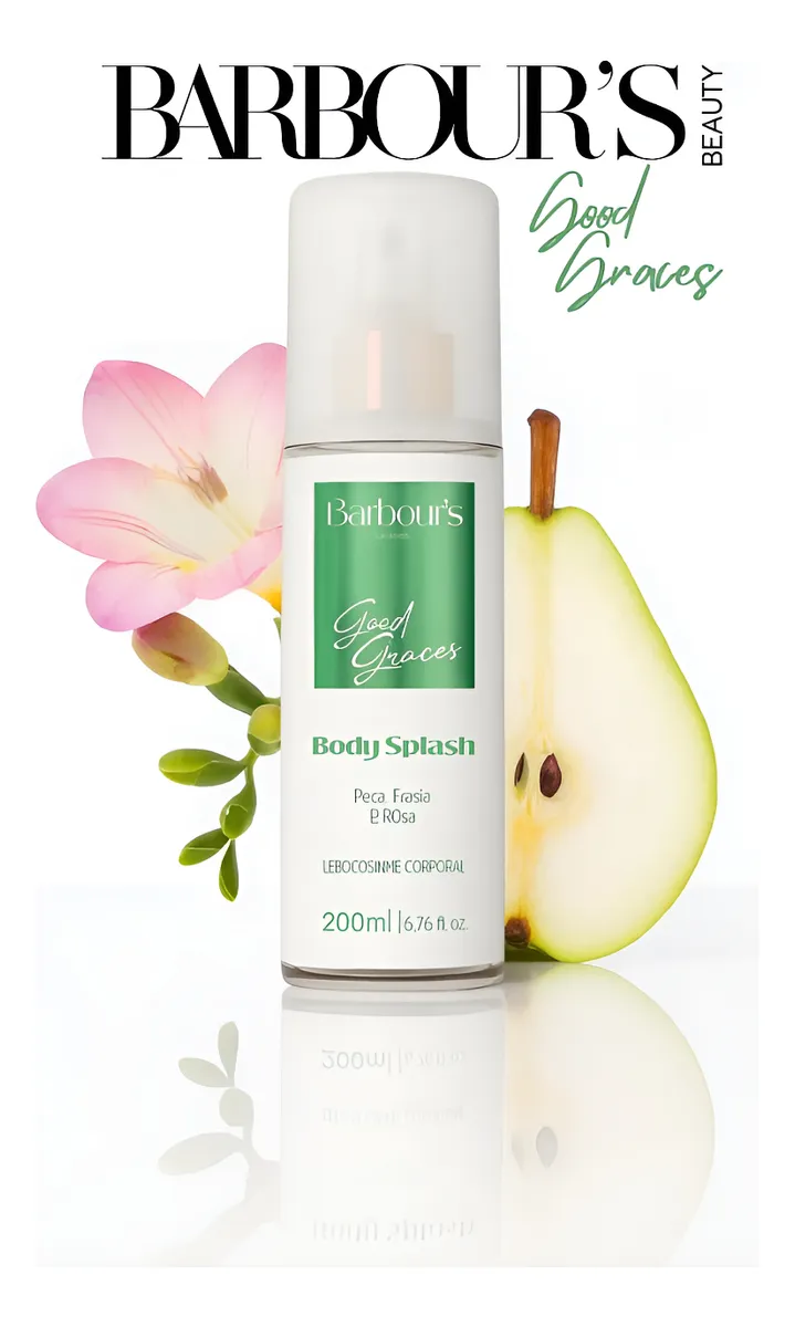 barbours beauty body splash good graces 200 ml com pêra e flor de frésia em fundo branco.