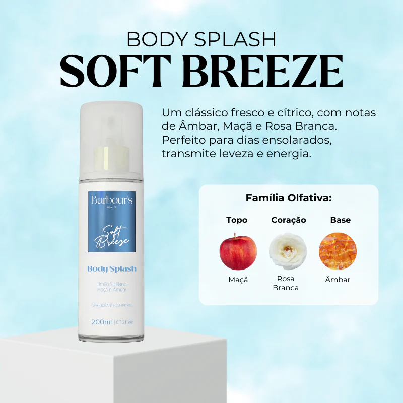 barbours beauty body splash soft breeze 200 ml sobre bancada de mármore, fundo suave com vaso de vidro