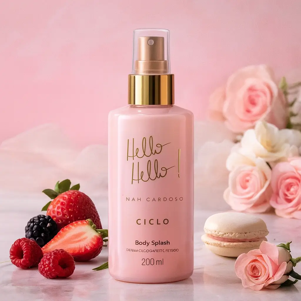 Frasco do Body Splash Hello Hello! by Nah Cardoso da Ciclo Cosméticos, com elementos florais e frutados ao redor em fundo suave.