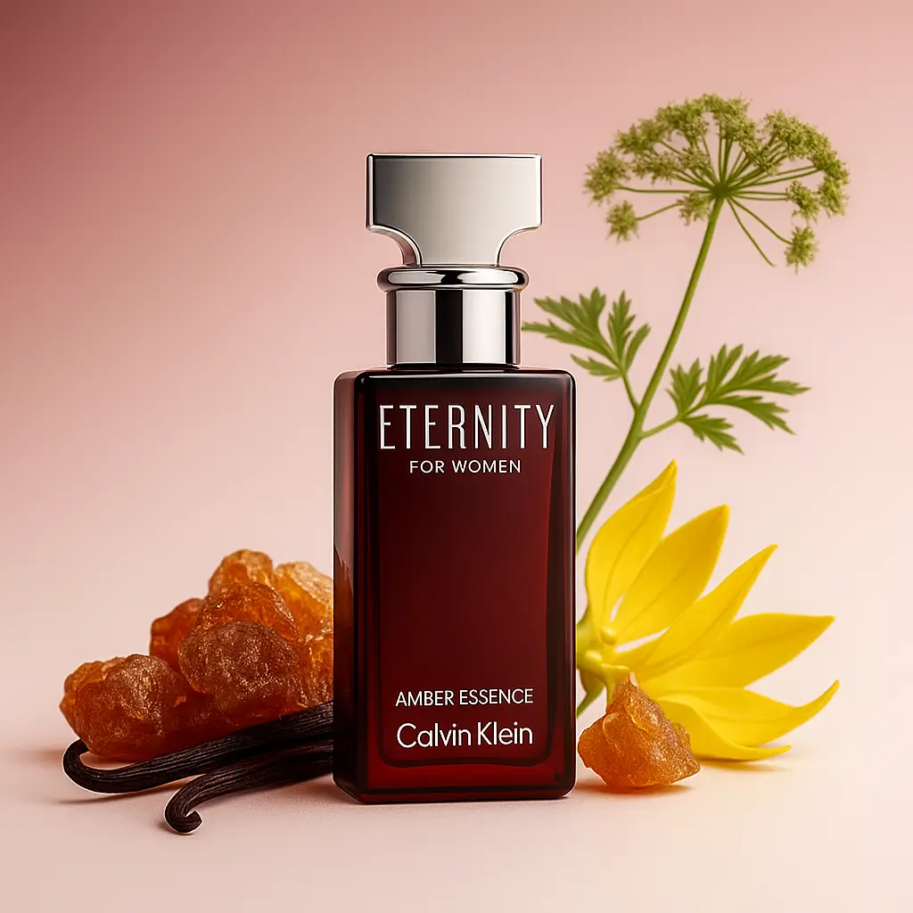 Frasco 50 ml do Calvin Klein Eternity Amber Essence for Woman Parfum em fundo quente, com angélica, ylang-ylang, baunilha e benjoim.