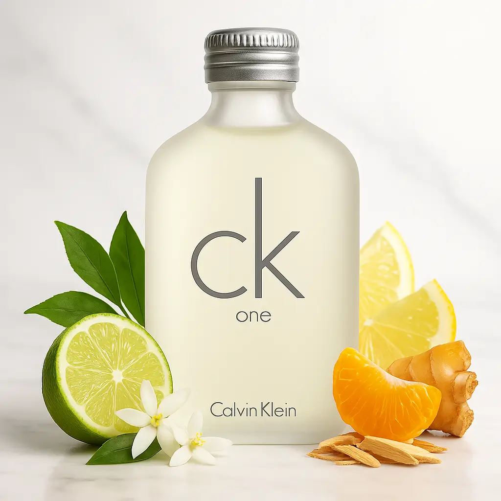 Frasco original do CK One Eau de Toilette 200 ml ao centro, cercado por notas cítricas e chá verde, em fundo claro minimalista.