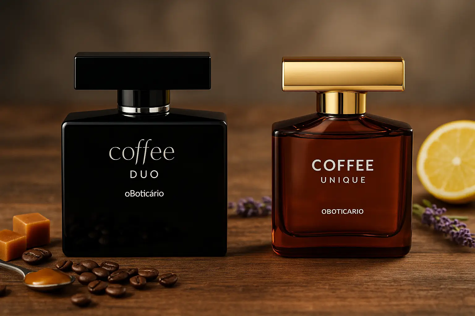 coffee man duo e coffee unique sobre mesa de madeira, com grãos de café, caramelo, lavanda e limão em volta, foto horizontal.