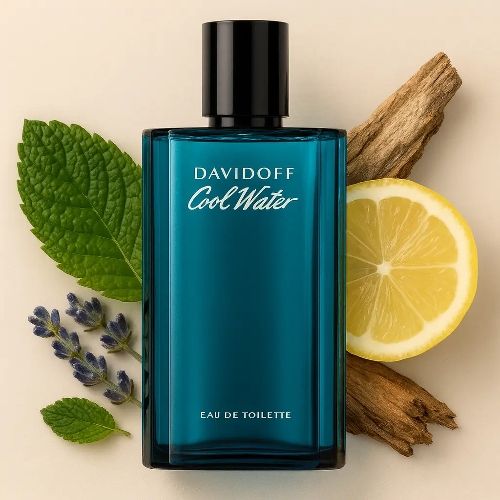 Frasco do perfume masculino Davidoff Cool Water cercado por folhas verdes, lavanda, limão-siciliano e madeira, representando seu aroma aquático e refrescante.