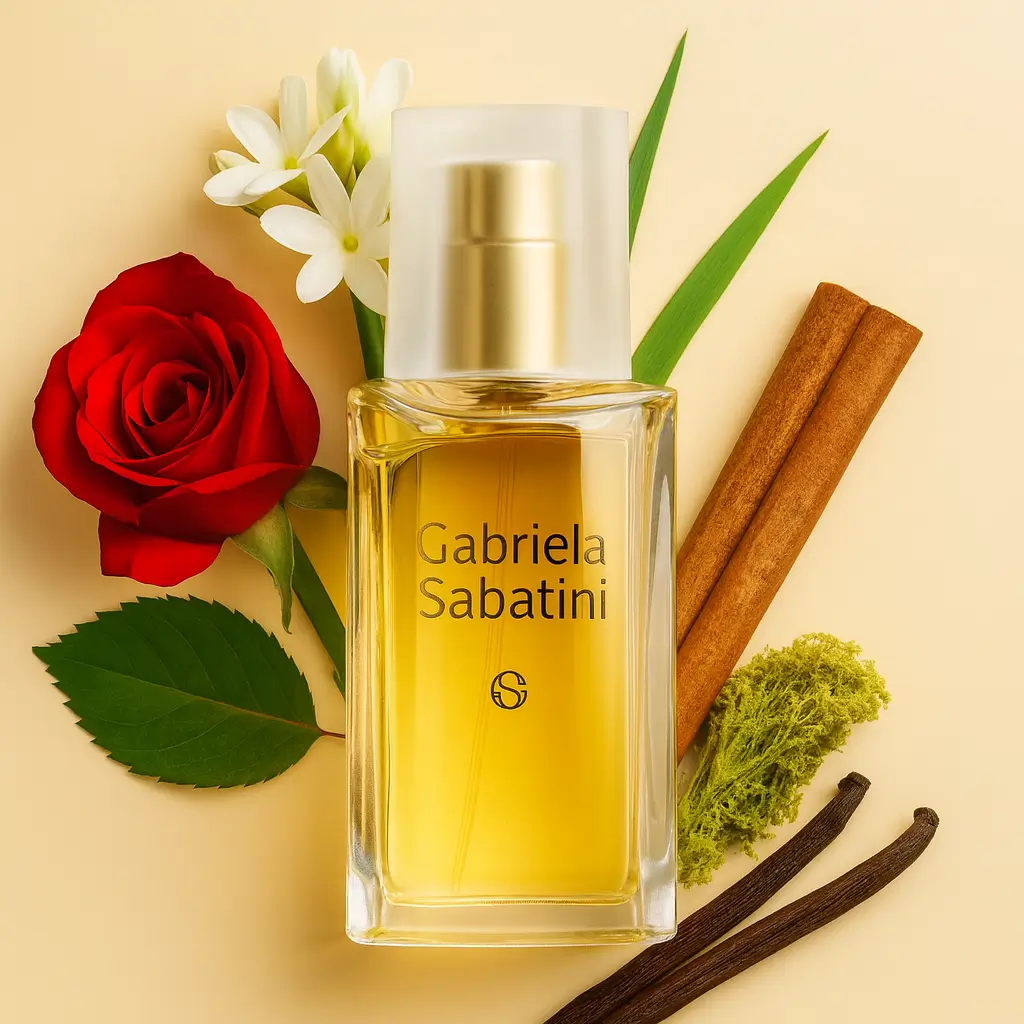 Frasco do perfume Gabriela Sabatini Eau de Toilette 60ml cercado por notas de saída cítricas, flores brancas e toques amadeirados.