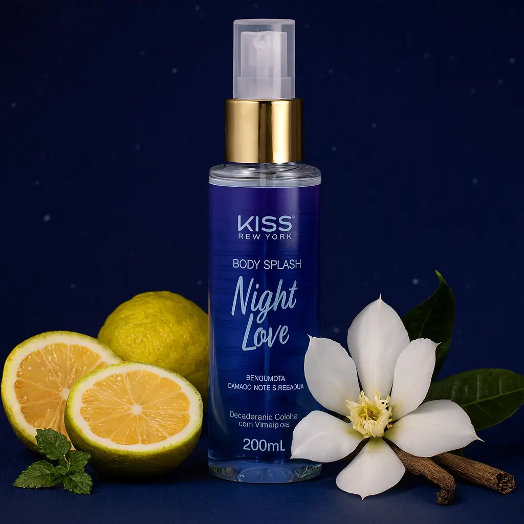 Frasco do Body Splash Night Love da Kiss New York de 200ml com fundo elegante, rodeado por bergamota, dama da noite e patchouli.