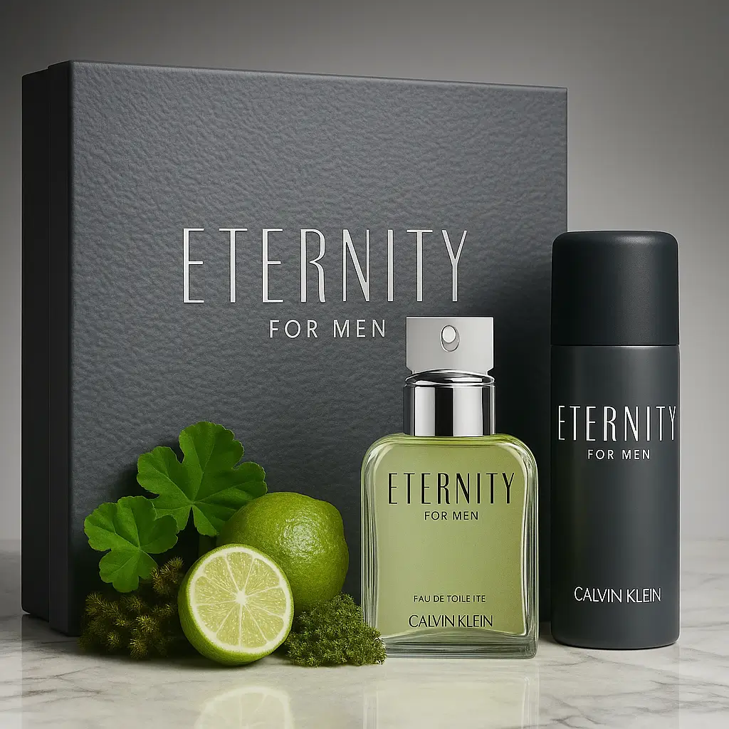 Kit Calvin Klein Eternity for Men com EDT 100 ml e Deo 150 ml em cenário 500×500 com bergamota, gerânio e musgo.
