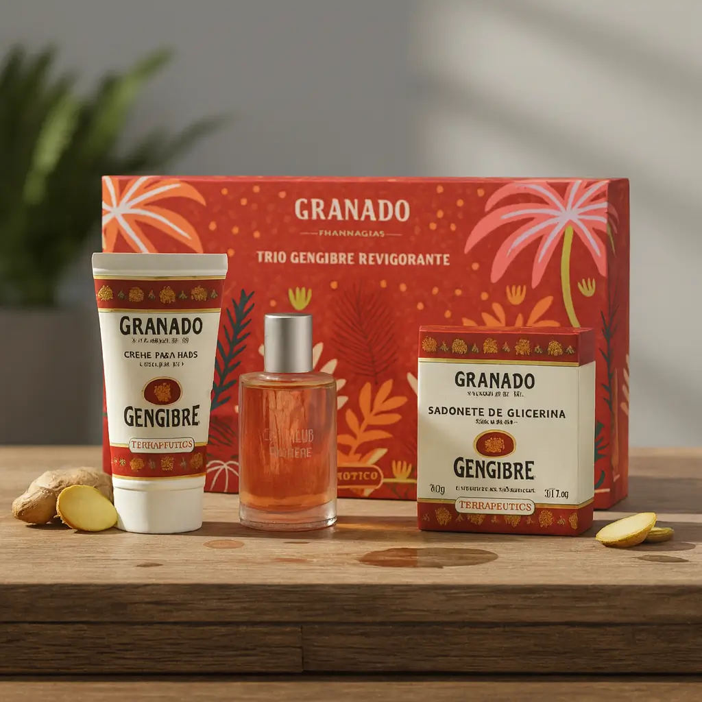 Kit Granado Trio Gengibre Revigorante com caixa vermelha estampada, creme para mãos, sabonete em barra e colônia sobre bancada de madeira.