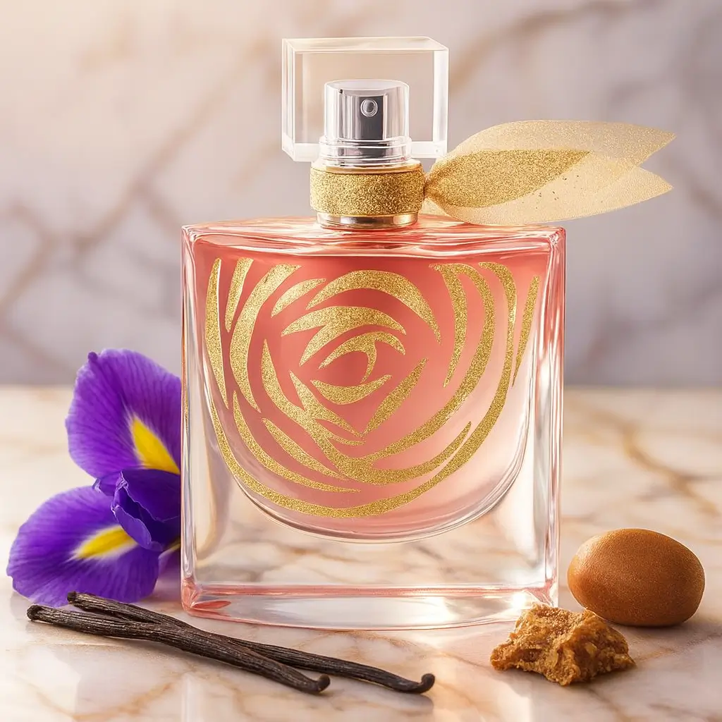 Frasco de La Vie Est Belle edição especial com detalhes dourados sobre bancada de mármore