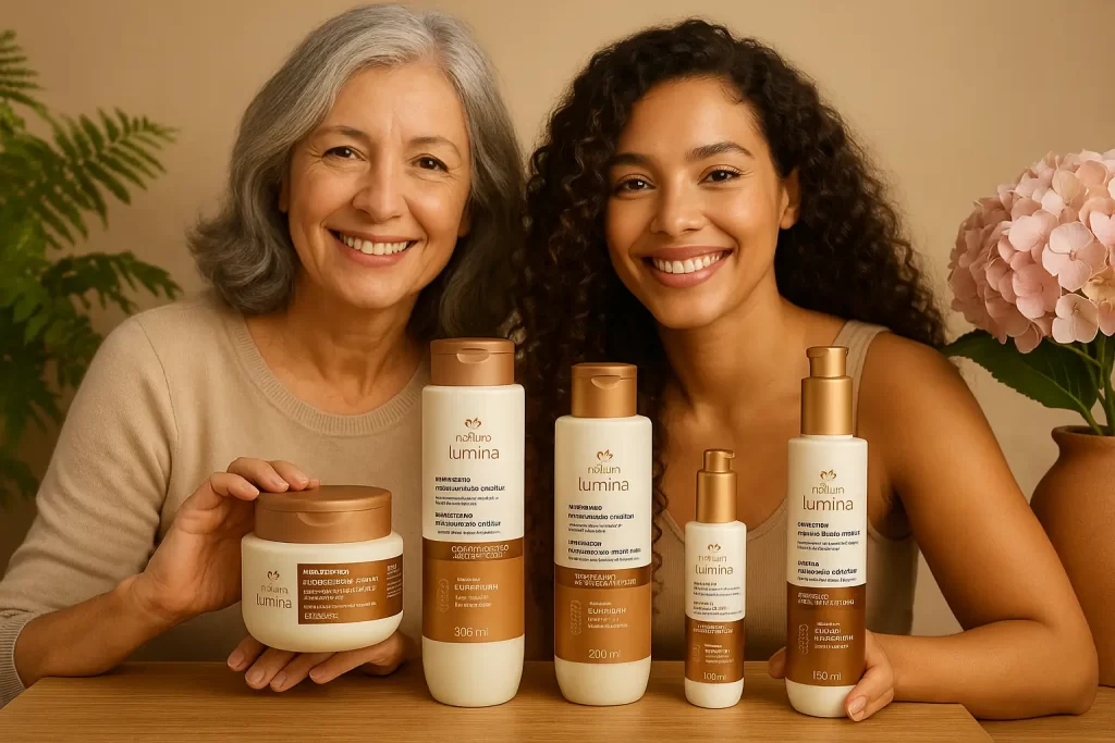 duas mulheres — uma madura de cabelos grisalhos e outra jovem cacheada — sorrindo e segurando os frascos originais da Natura Lumina Antissinais Regenerador Capilar; fundo com folhagens e vaso de hortênsias rosa; foto horizontal