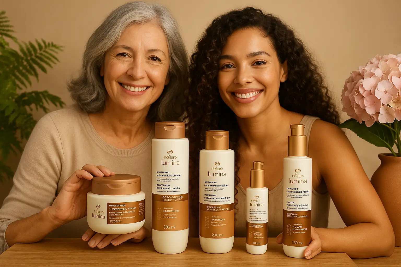 duas mulheres — uma madura de cabelos grisalhos e outra jovem cacheada — sorrindo e segurando os frascos originais da Natura Lumina Antissinais Regenerador Capilar; fundo com folhagens e vaso de hortênsias rosa; foto horizontal