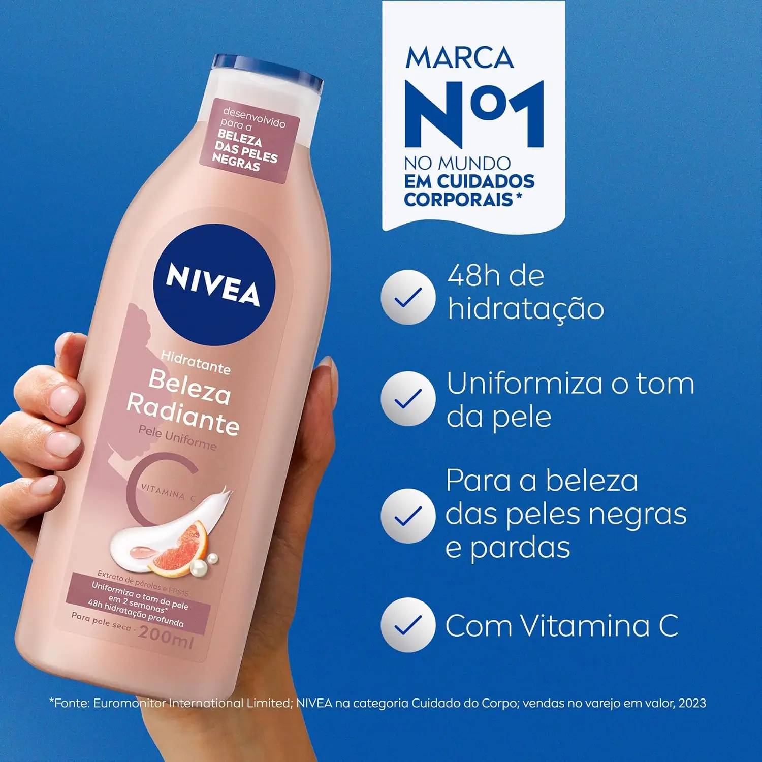 Hidratante corporal NIVEA Beleza Radiante Pele Uniforme com vitamina C para pele negra e parda.