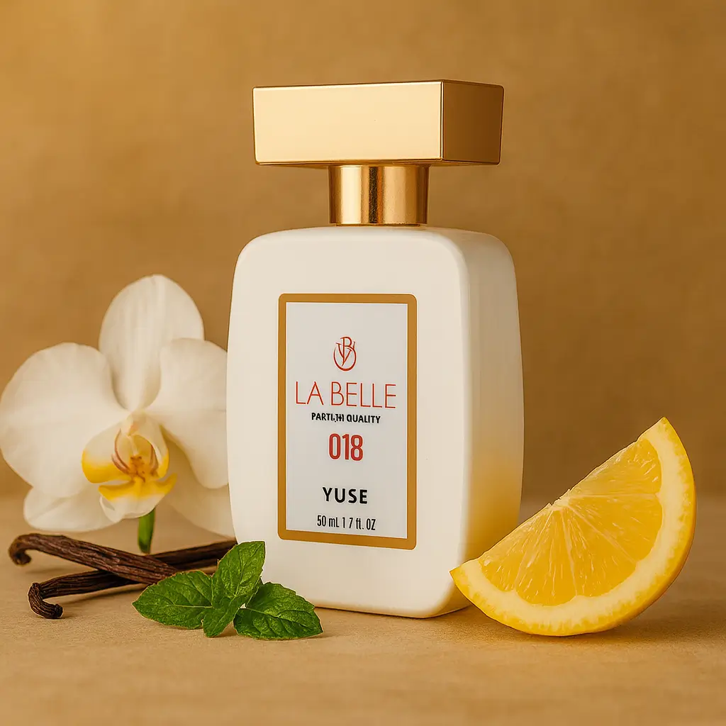 Frasco do perfume La Belle 018 Yuse em destaque, sobre fundo bege elegante, cercado por elementos florais e gourmand que sugerem suas notas adocicadas.