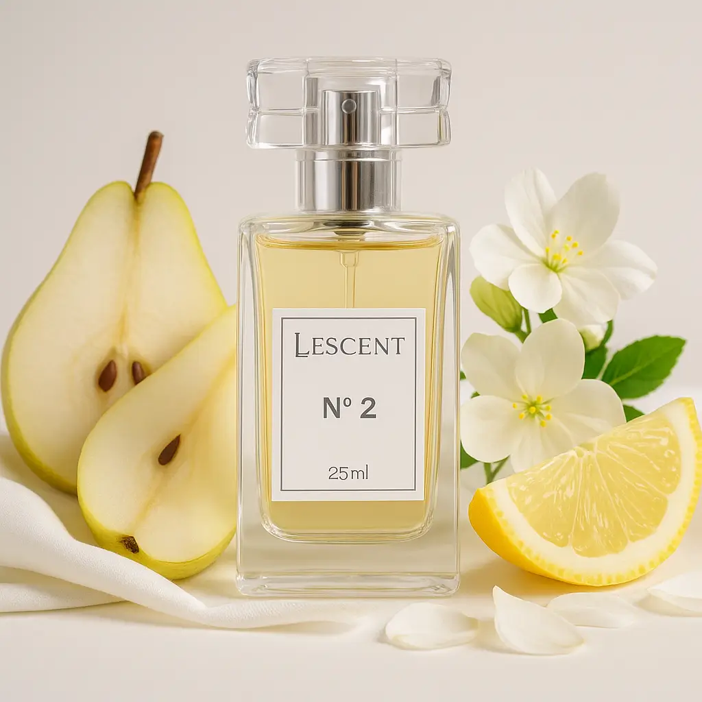 Perfume Lescent Nº 2 em frasco de 25 ml cercado por pera, limão e flores brancas