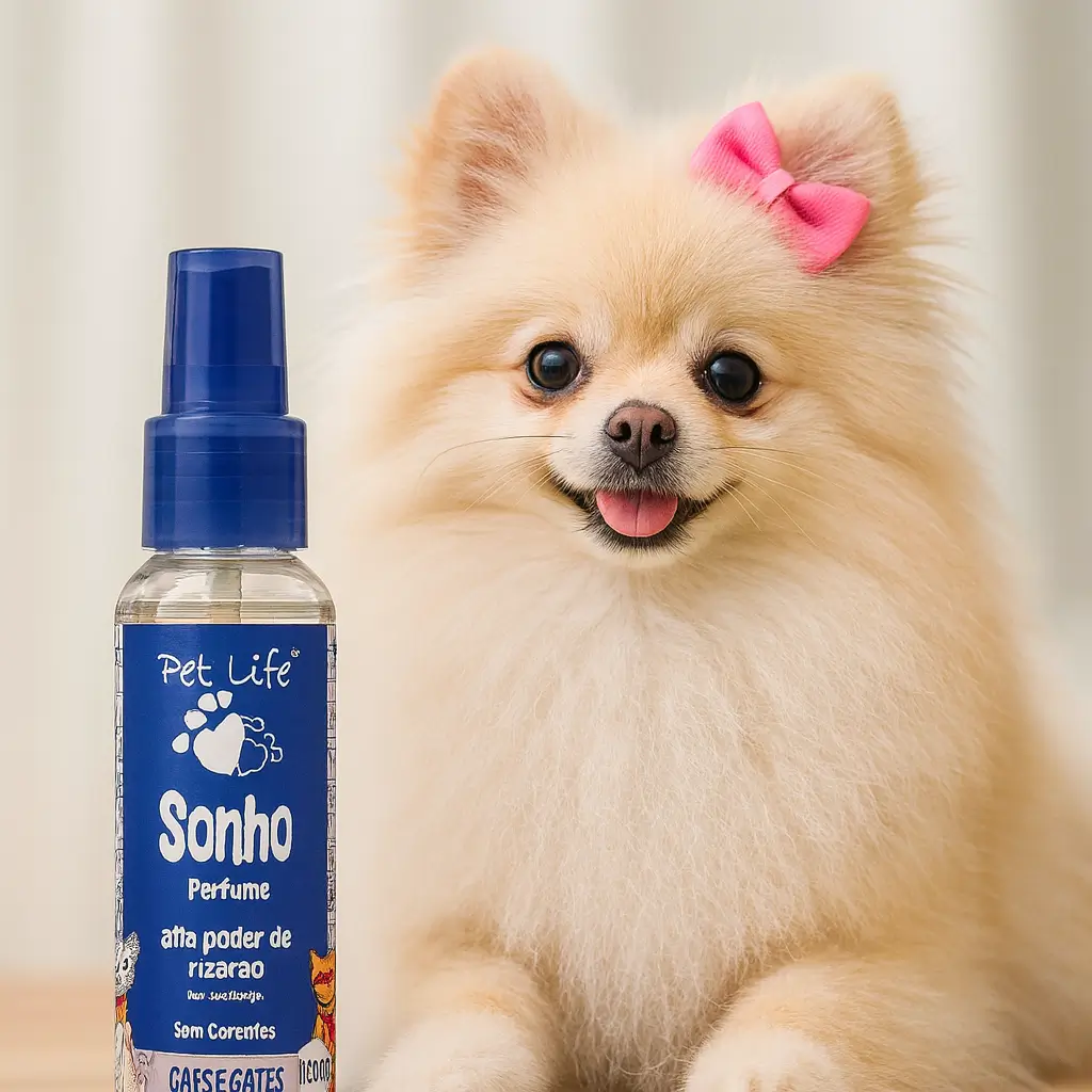 Perfume Pet Life Sonho ao lado de uma cachorrinha Lulu da Pomerânia com laço rosa na cabeça.