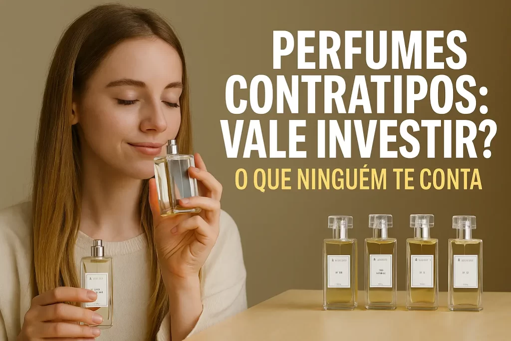 Mulher segurando frascos de perfumes contratipos em frente a fileira de perfumes sobre a mesa, analisando se vale investir em perfumes contratipos.