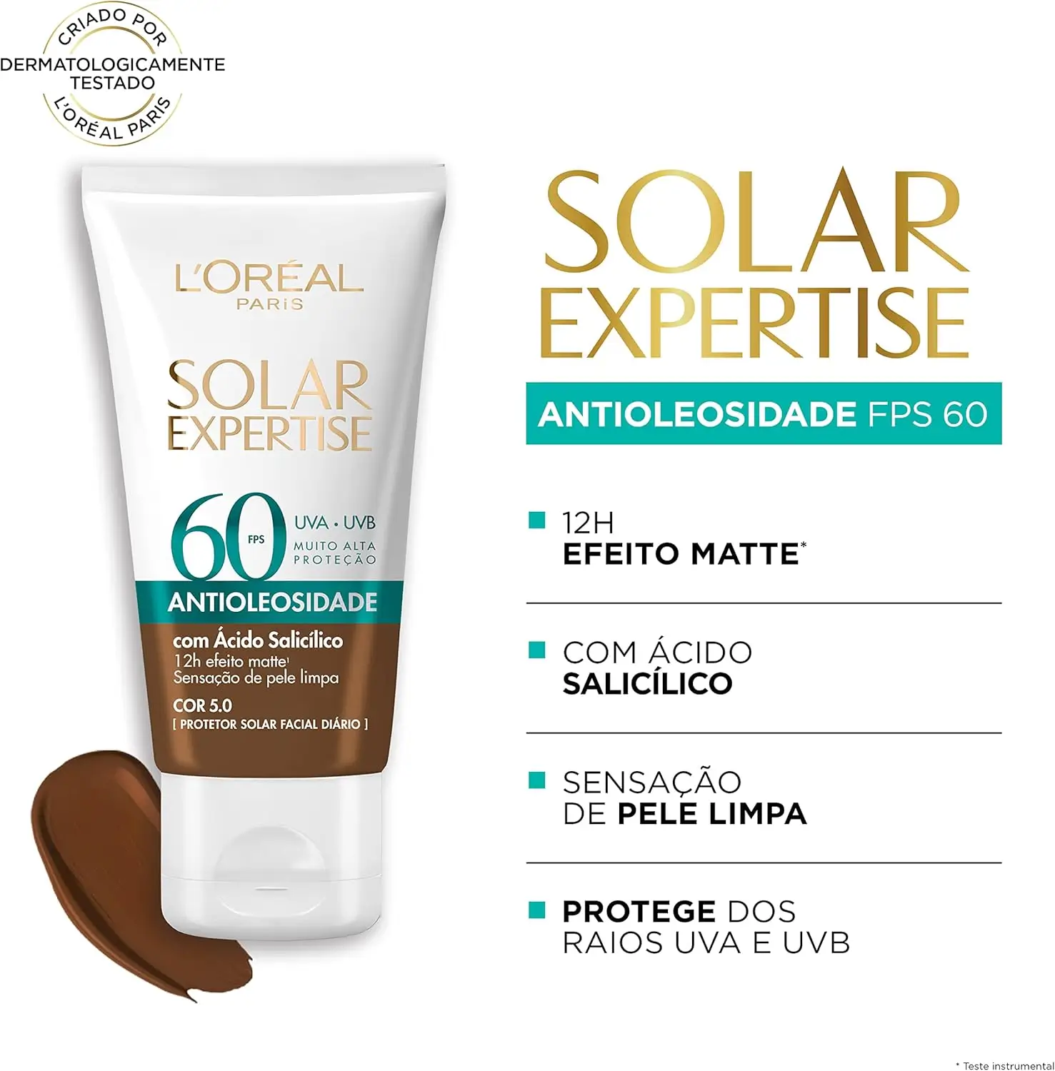 Protetor solar facial L’Oréal Paris Solar Expertise Antioleosidade FPS 60 cor 5.0 para pele negra com ácido salicílico.
