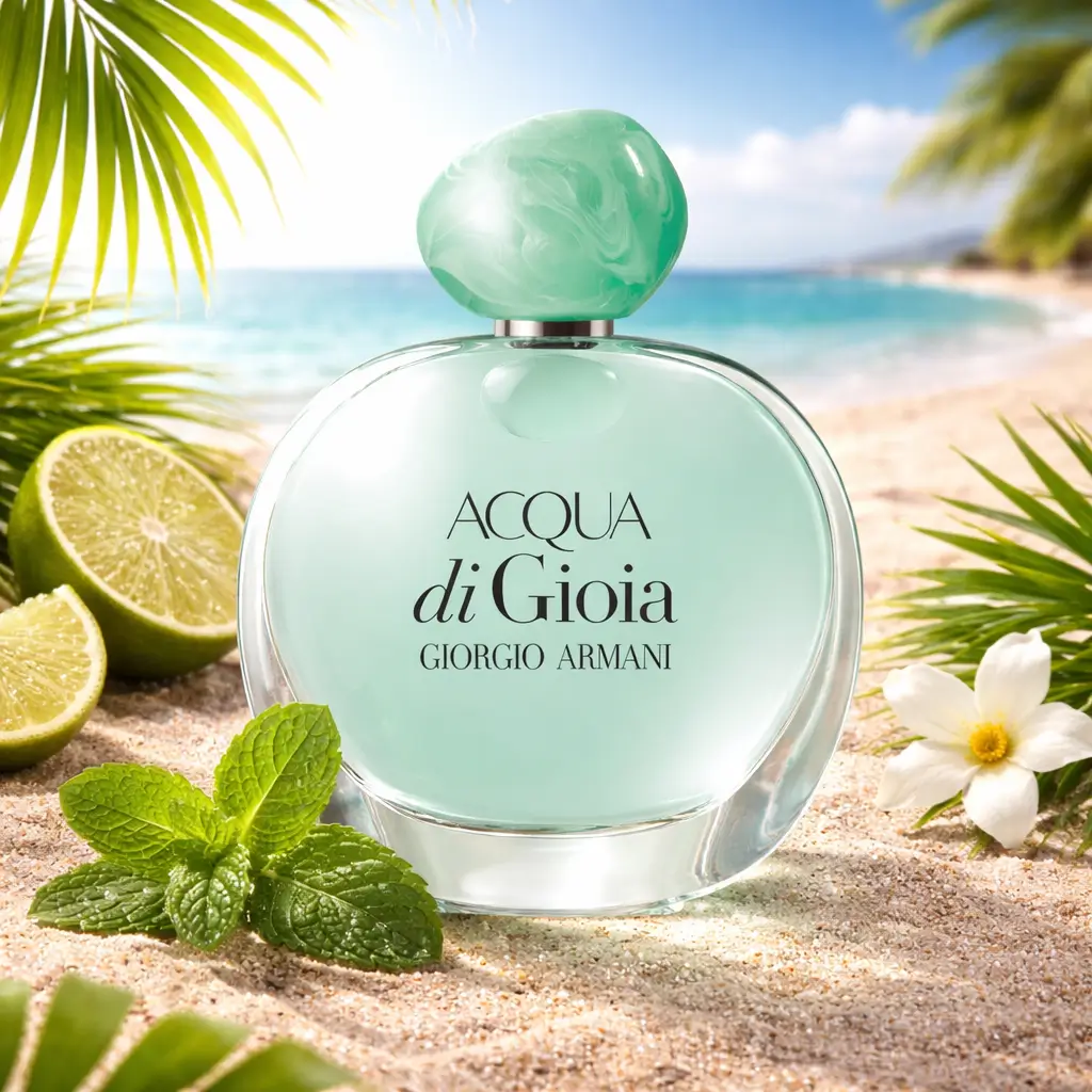 Armani Beauty Acqua di Gioia em cenário de verão na praia, perfume para Réveillon na praia fresco, leve e nada enjoativo.