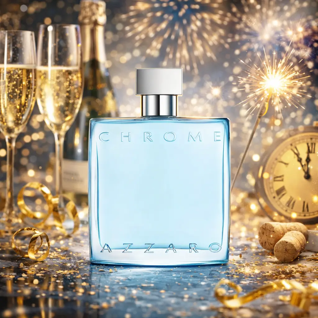 Perfume sparkling Azzaro Chrome em cenário de réveillon com champanhe, brilho e clima de celebração.